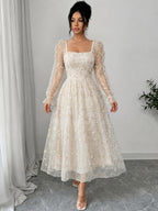 Directional Elegant Women'S Clothing Mesh Embroidered Solid Color Long Sleeve Dress - Apricot