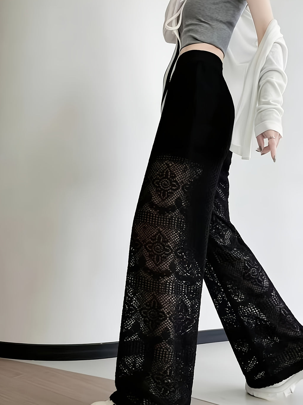 Designer Style: Gentle and Sensual Lace Hollow-Out Wide-Leg Pants for Women, New Spring/Summer Collection, High-Waist Flowy Casual Trousers, Light and Comfortable, Perfect with Spaghetti Straps or Short-Sleeved Tops - Black
