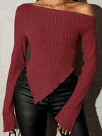 Women'S Asymmetric Neck Ribbed T-Shirt - Deep Red