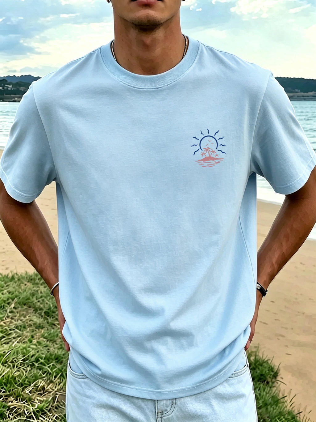 Men'S New Pure Short Sleeve Round Neck T-Shirt Palm Tree Tropical Coast Sunset Print Comfortable Soft Breathable Suitable for Casual Summer Essential - Light Blue Color