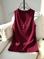Women'S Summer New French Elegant Fashion Easy Button-Decorated V-Neck Solid Color Ribbed Sleeveless Vest - Burgundy