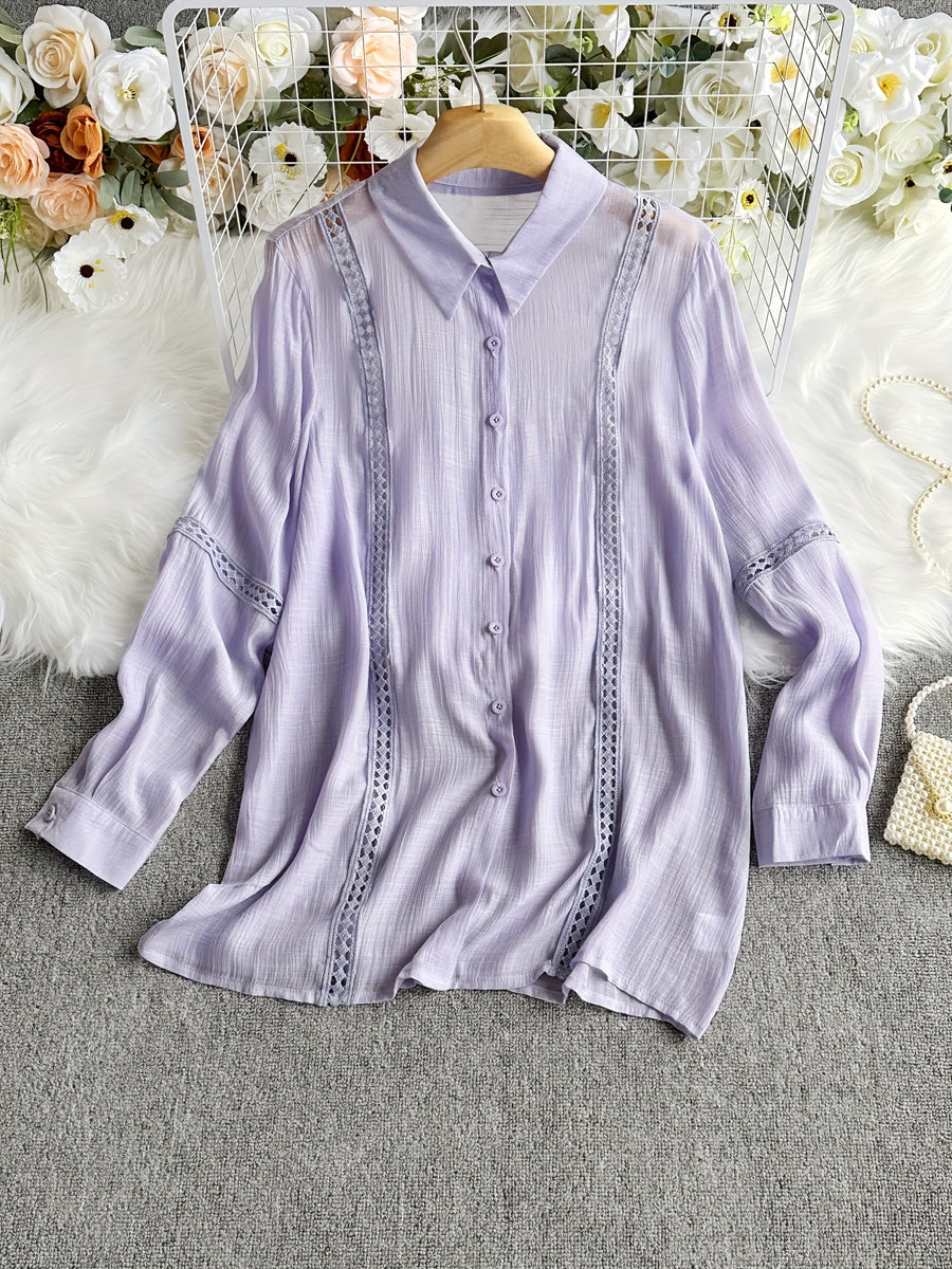 Women'S New Solid Lace Patchwork Button-Up Long Sleeve Shirt, Fashionable Elegant Vacation Commute Outdoor Daily Date Party Afternoon Tea Shirt Top Jacket, Suitable for All Seasons - Violet