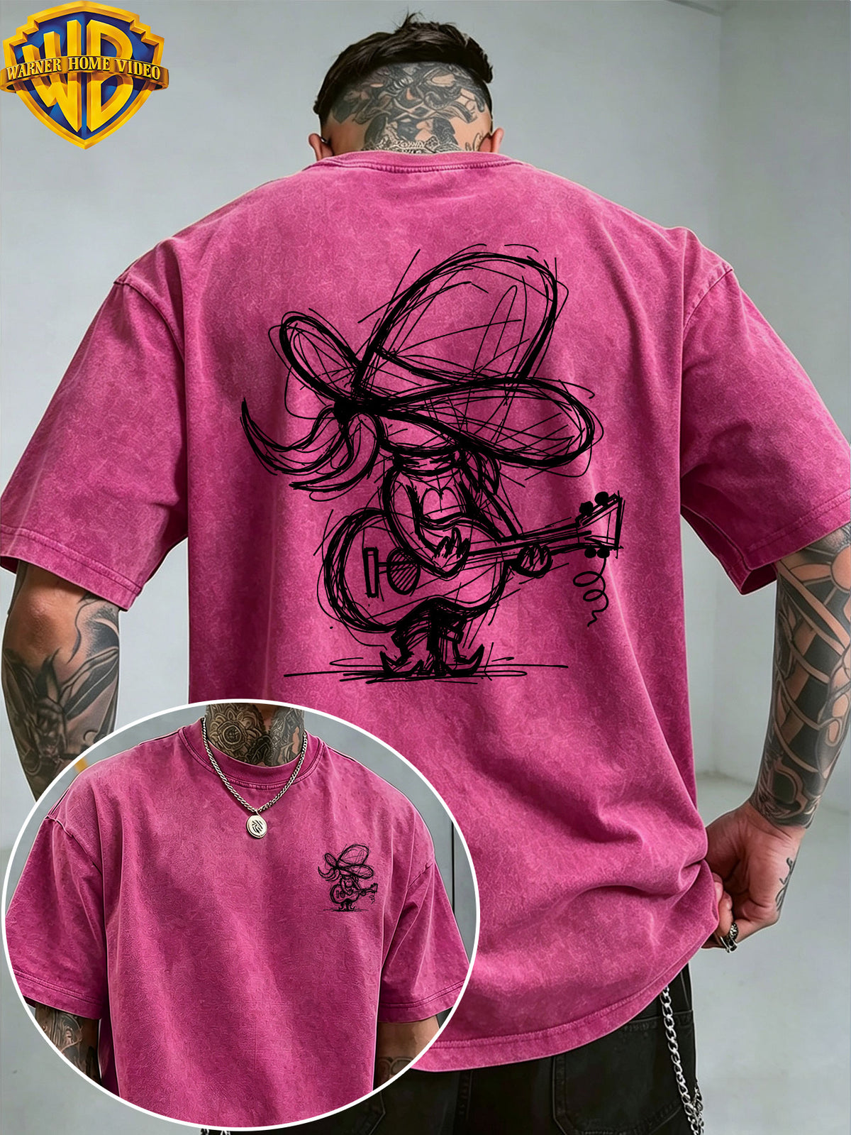 [Warner Bros] Official Authorization, Guitar Playing Denim Print Design, American Retro Washed Distressed T-Shirt, Outdoor Sports Casual Clothing, Daily Commuting, Machine Washable - Rose Red