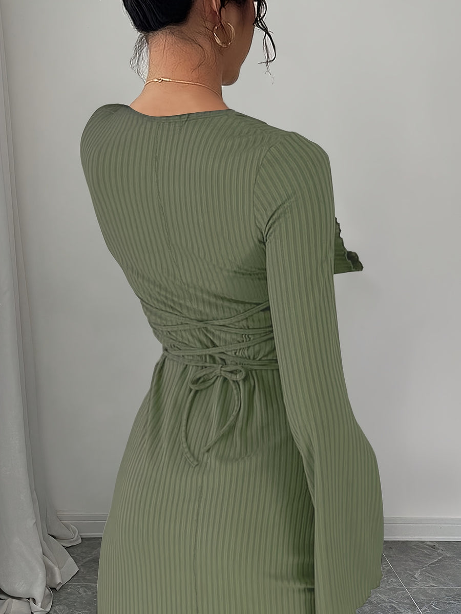 Women'S Solid Ribbed Flared Sleeve Back Tie Traditional Long Dress Elegant Long Dress - Olive Green