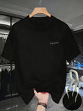 Casual Minimalist Style, Men's T-Shirt, Small Embroidered Letter Design, Summer Daily Wear, Gift for Boyfriend Or Husband - Black