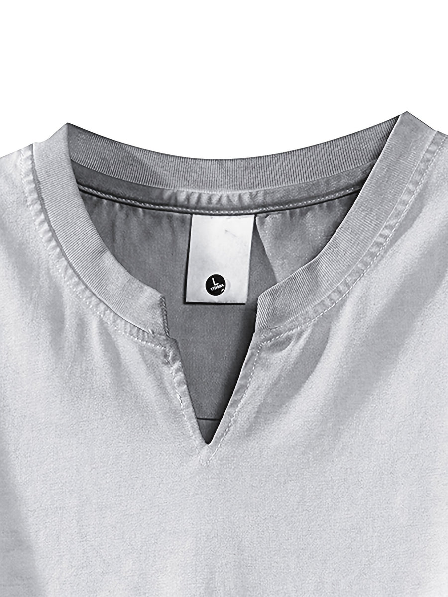 Vintage Relaxed-fit Loose V-neck Distressed Short-sleeve T-shirt, Suitable for Daily Outings, Vintage Casual, and Other Occasions - Light Grey