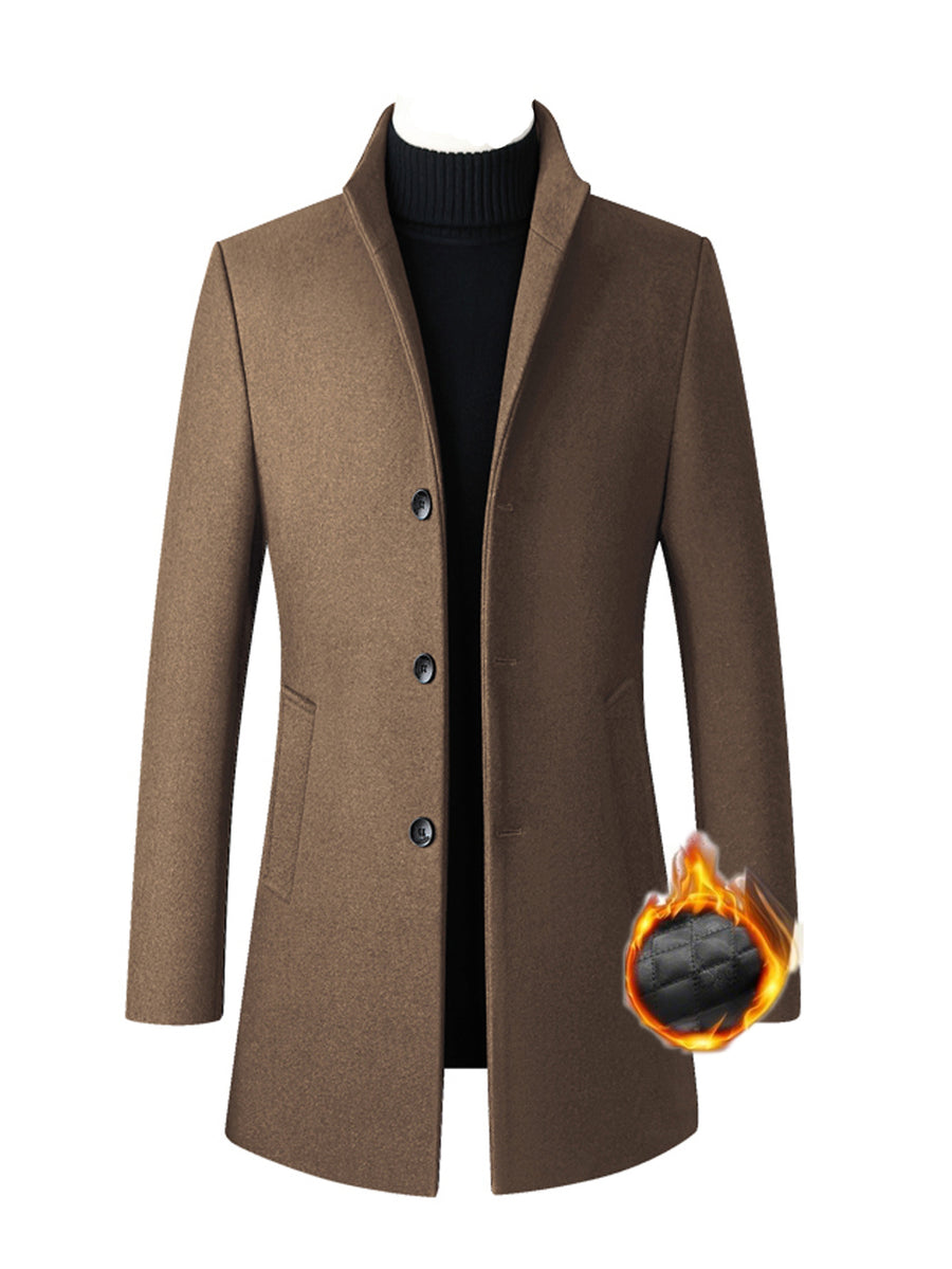 Autumn Winter Thick Warm Windproof Solid Color Stand Collar Coat, Classic Easy Retro Casual All-Match British Old Money Style Elegant Gentleman Jacket - Camel