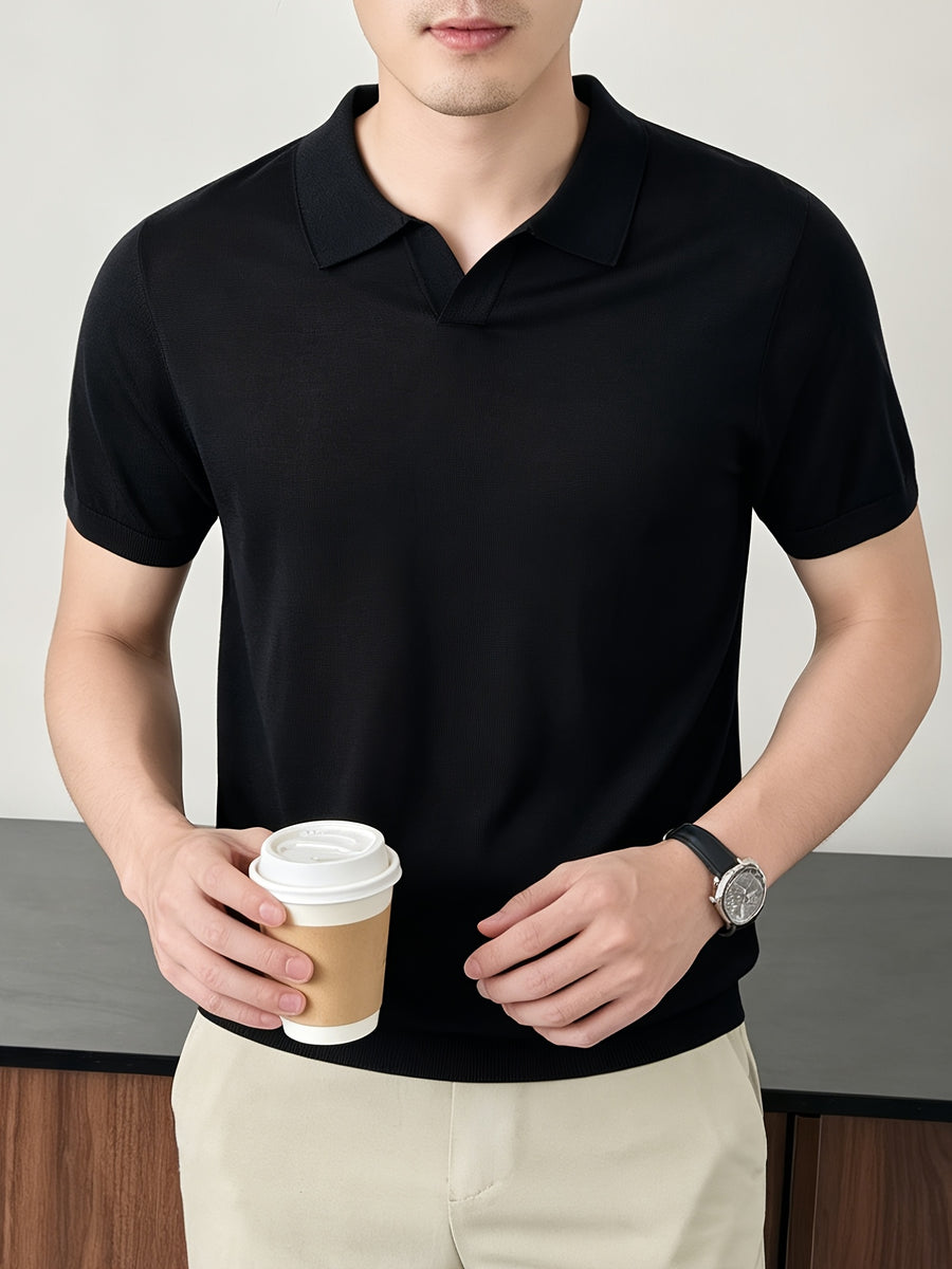 Maqiqi OBM New Spring/Summer Men's Knitted Pullover, Old Money Style Solid Color Clean Cut Half-Open Placket Scissor Collar Lapel Ribbed Knit Short Sleeve T-Shirt, Men's Casual Fashion Thin Breathable Pullover Sweater Knit Base Layer Top - Black 1