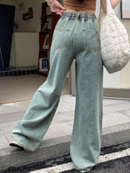 Women's Elegant Distressed Wide-Leg Pants with Belted Waist - Washed Straight Leg Jeans, Mid-Rise Length for Fall, Casual & Dressy Outfits (Non-Stretch) - Light Blue