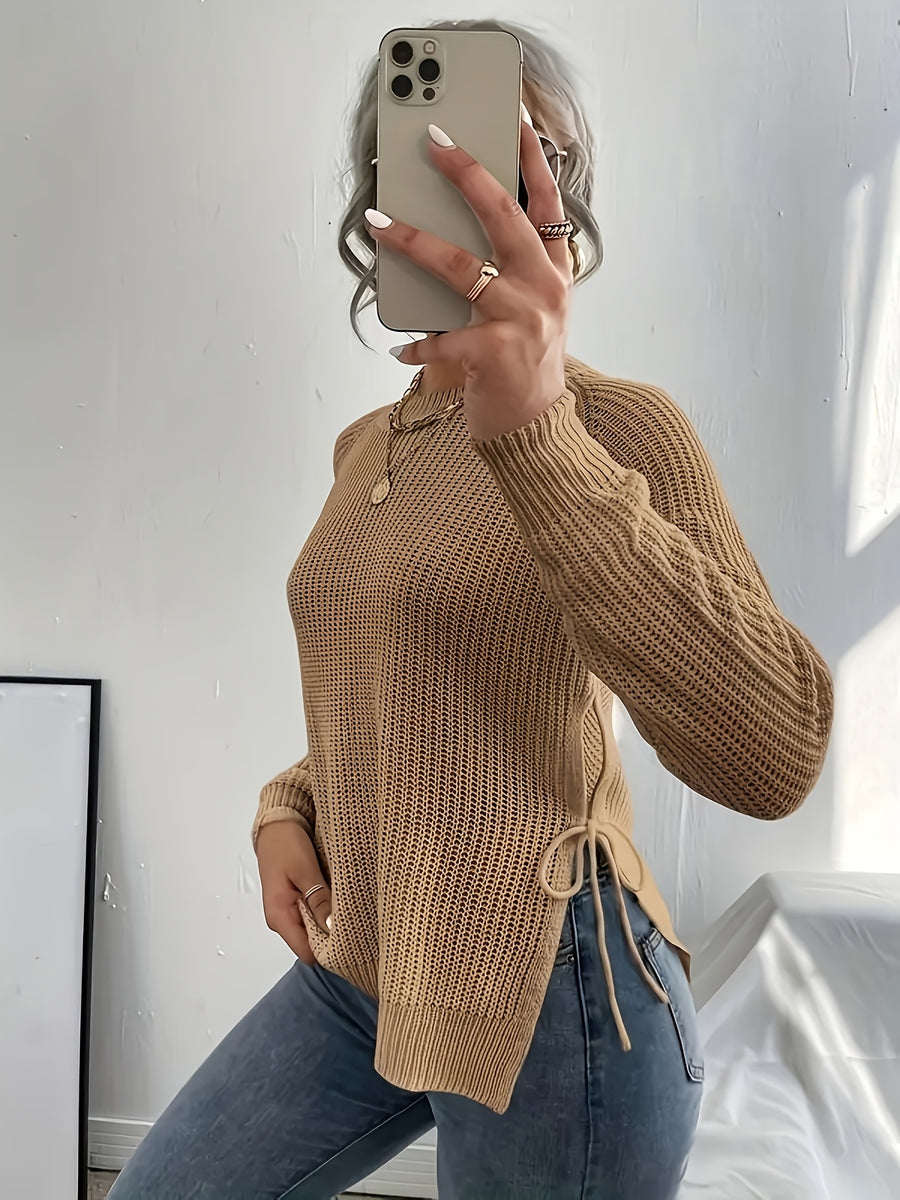 Women's Slim Fit High Elasticity Long-Sleeve Top. Details: Slit Hem Bow Design Knitted - Ribbed Crew Neck Elegant Women's Wear for Autumn/Winter, Casual Everyday Semi-Formal Mustard Yellow Machine-Washable 100% Solid Versatile Base Layer Shirt - Camel
