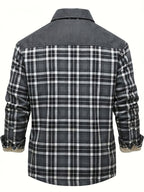 Men'S Casual Warm Fleece Lined Shirt Jacket, Chic Retro Plaid Long Sleeve Shirt for Fall Winter, Vintage, Regular Fit, Lapel, Daily - Grey