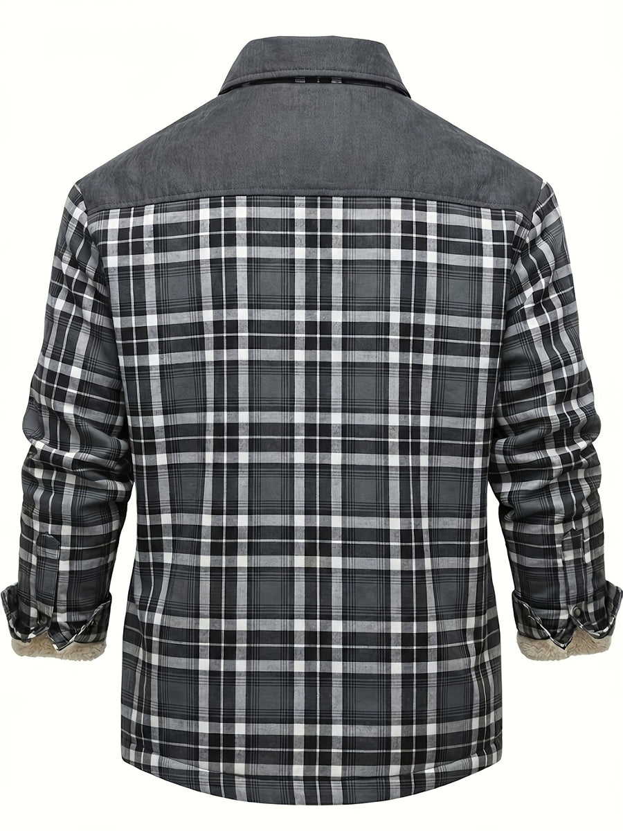 Men'S Casual Warm Fleece Lined Shirt Jacket, Chic Retro Plaid Long Sleeve Shirt for Fall Winter, Vintage, Regular Fit, Lapel, Daily - Grey