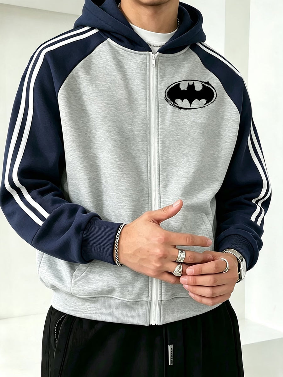 WB Warner Bros. Official License, Men'S Shoulder Sleeve Color-Block Hooded Zipper Cardigan Sweatshirt, Batman Distressed Graffiti Bat Logo Trendy Print Design, Autumn/Winter Loose Contrast Striped Athletic Hoodie - Gray And Navy Blue
