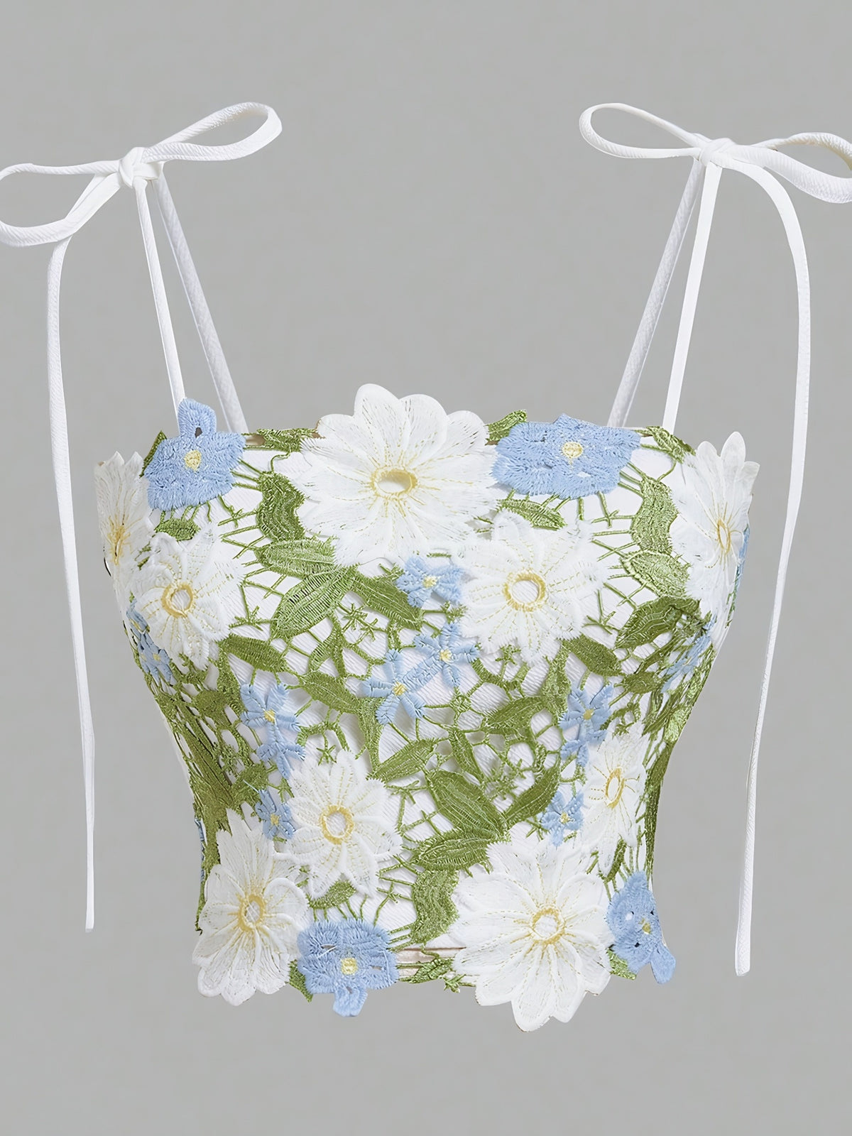 Women'S Elegant White Floral Embroidered Sleeveless Low-Cut Backless Camisole - Blue And White Color-Blocked Flowers with Green Leaves Accents Embroidered Design, All-Season Style for Beach, Party, Casual Outfits, Fashion Lovers - Mixed colors