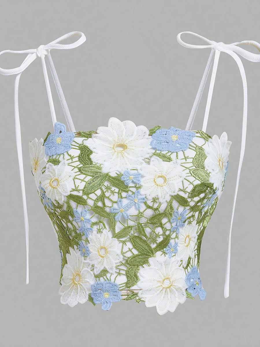 Women'S Elegant White Floral Embroidered Sleeveless Low-Cut Backless Camisole - Blue And White Color-Blocked Flowers with Green Leaves Accents Embroidered Design, All-Season Style for Beach, Party, Casual Outfits, Fashion Lovers - Mixed colors
