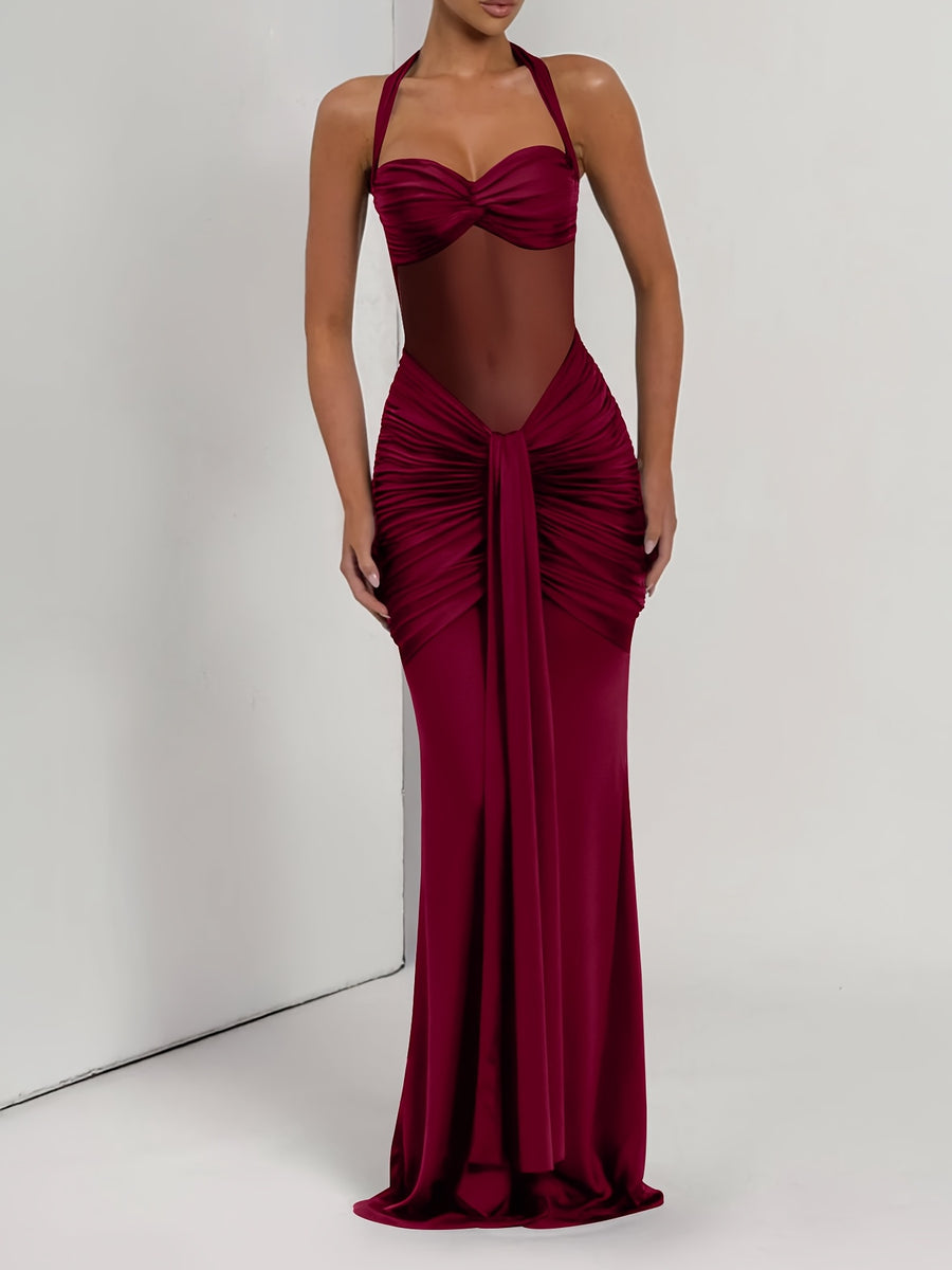 Women'S Sexy Bandeau Halter Mesh Patchwork Long Dress, Fashionable Elegant Semi-Sheer Ruched Evening Gown for Prom Parties - Burgundy