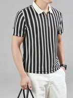 [Star Prosperity Selection] Summer Men'S Lapel Polo Shirt, Trendy Fashionable All-Match Zipper Striped Top, Business Casual Short Sleeve T-Shirt, Suitable for Daily Work Scenarios - Black