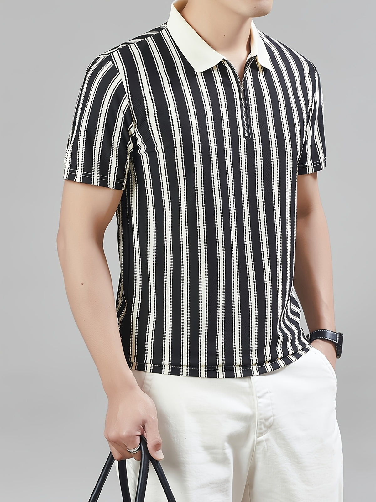 [Star Prosperity Selection] Summer Men'S Lapel Polo Shirt, Trendy Fashionable All-Match Zipper Striped Top, Business Casual Short Sleeve T-Shirt, Suitable for Daily Work Scenarios - Black