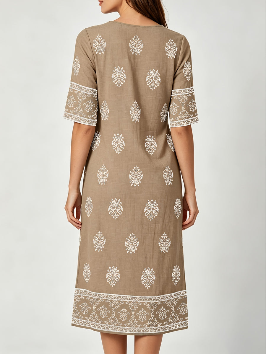 V-neck Short-sleeve Ethnic Print Dress with Slit Hem, Holiday Travel Beach Dress - Khaki