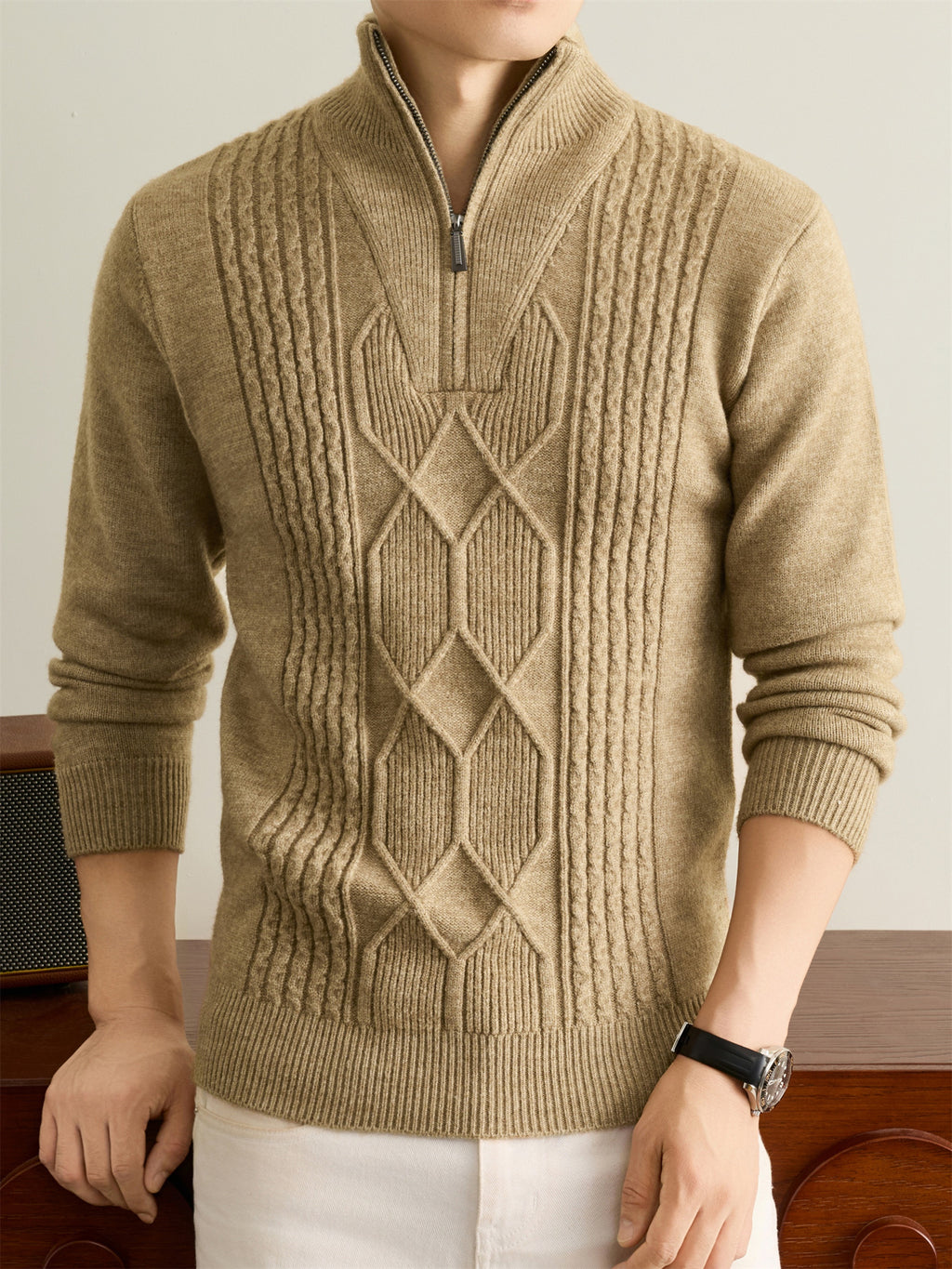 Autumn Winter Knit 3D Solid Half-Zip Stand Collar Sweater, Basic Knit Pullover Top for Men, Fashionable Long Sleeve Sweater, Size S - Beige Camel