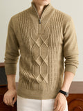 Autumn Winter Knit 3D Solid Half-Zip Stand Collar Sweater, Basic Knit Pullover Top for Men, Fashionable Long Sleeve Sweater, Size S - Beige Camel
