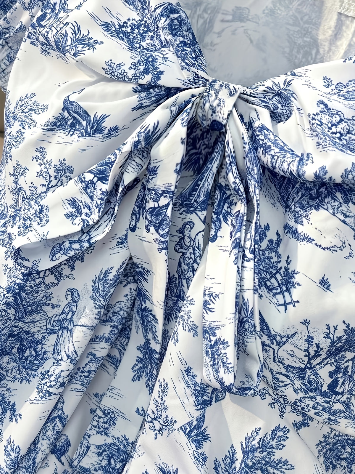 Women'S Elegant Summer Printed Square Neck Bow Puff Sleeve A-Line Waist-Cinching Fashionable Elegant Sweet Top, Random Print - Mixed colors