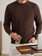 Men'S Waffle Knit Round Neck Sweater, Full Waffle Texture Jacquard Checkered Knit, Strong Three-Dimensional Feel, Thicker Than Regular Plain Knit, Better Warmth - SINBOS - Coffee Color