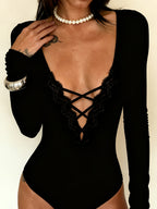 Sexy Deep V-Neck Lace Patchwork Long Sleeve Bodysuit for Women, Hot Outfit, 1pc Tight-fitting Top for Spring - Black