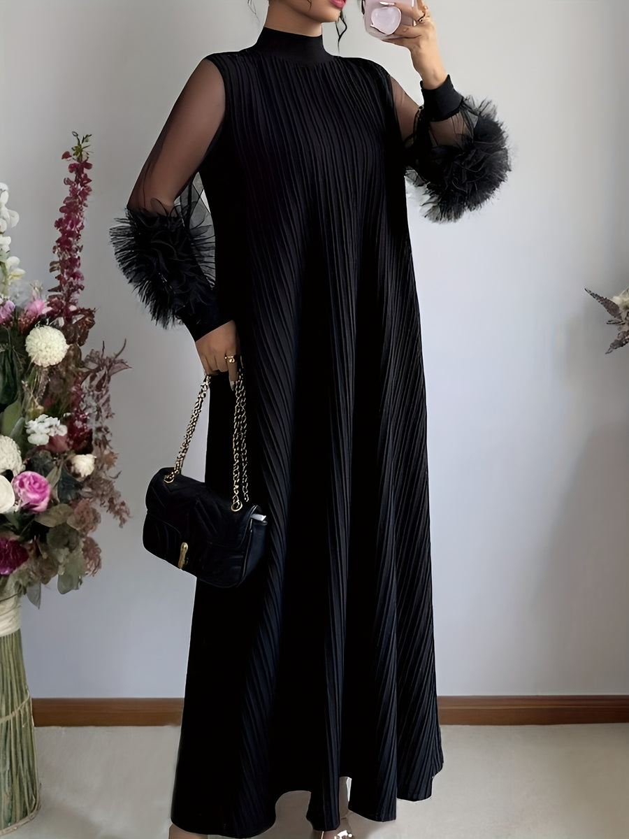 Women'S Stand-Up Collar Lantern Long-Sleeved Textured Fabric Splicing Mesh Hand-Cranked Three-Dimensional Embroidery Loose Comfortable And Elegant Senior Long Dresses - Black