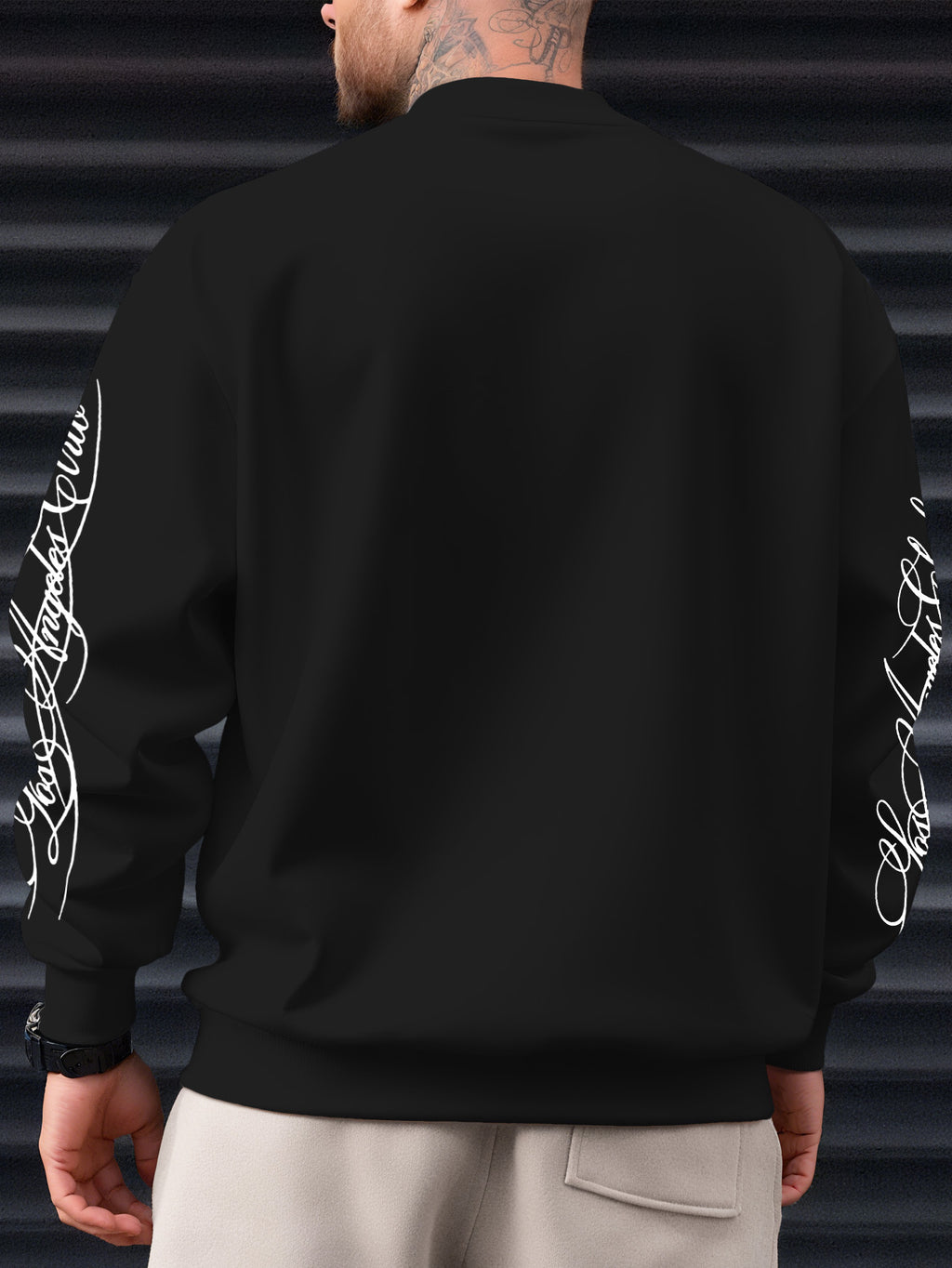 Men's Street-Style Cool Fashion Crewneck Sweatshirt with Smooth Handwritten Font Print, for Daily Casual Trendy Wear - Black