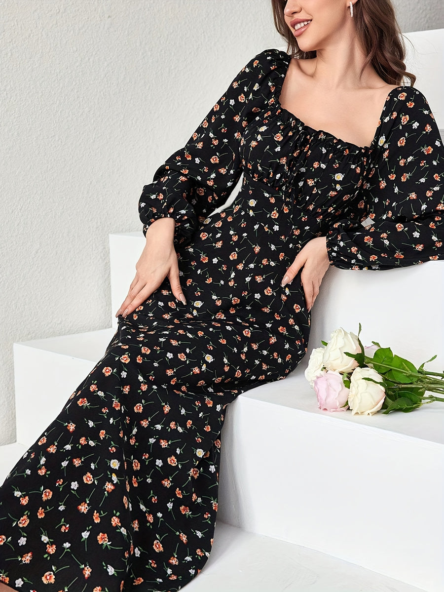 Vacation Style Floral Print Square Neck Lantern Sleeve Spring/Autumn Women'S Dress - Black
