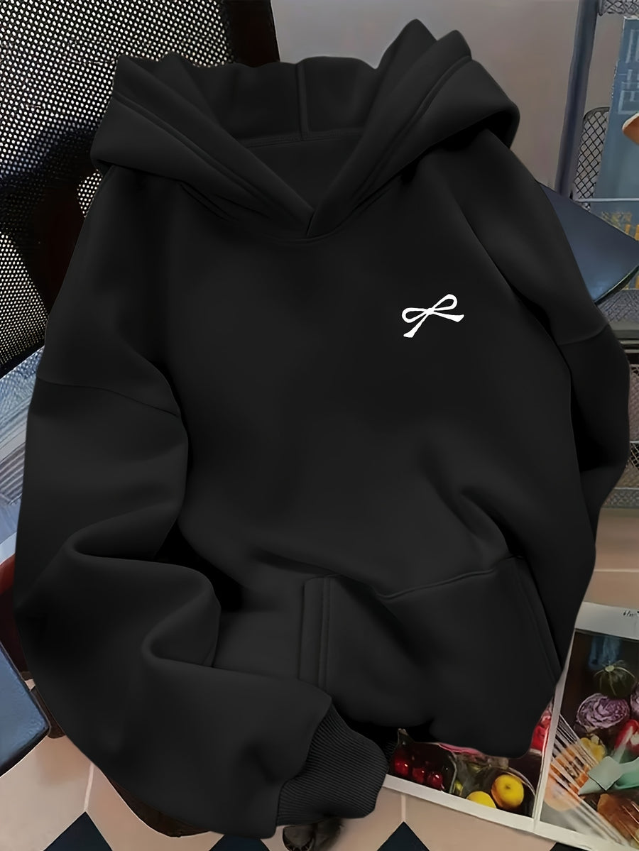 D92-1pc Loose Hoodie, Fashionable Versatile Bow Pattern Printed Hoodie, Spring And Autumn, Women'S Size L14802 - Black