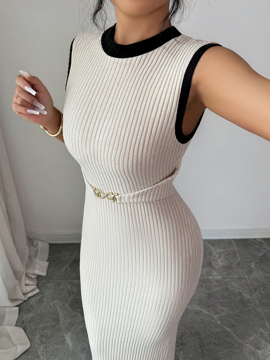 Women'S Spring And Summer Textured Pit Stripe, Elastic Waist-Cinching Dress, Metal Design, Color Block And Patch, Mid-Length Spring And Summer Dress, Apricot Dress, Stylish Casual Dress, Outdoor Wear, Holiday Style, Party Style - Apricot