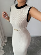 Women'S Spring And Summer Textured Pit Stripe, Elastic Waist-Cinching Dress, Metal Design, Color Block And Patch, Mid-Length Spring And Summer Dress, Apricot Dress, Stylish Casual Dress, Outdoor Wear, Holiday Style, Party Style - Apricot