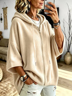 Plus Size, Women's Plus Size Corduroy Casual Drawstring Hooded Sweatshirt Top, Classic Versatile Hooded Top Elegant Women's Jacket, Loose Fit Comfortable Sweatshirt Jacket, Suitable for Commuting and Casual Wear - Apricot