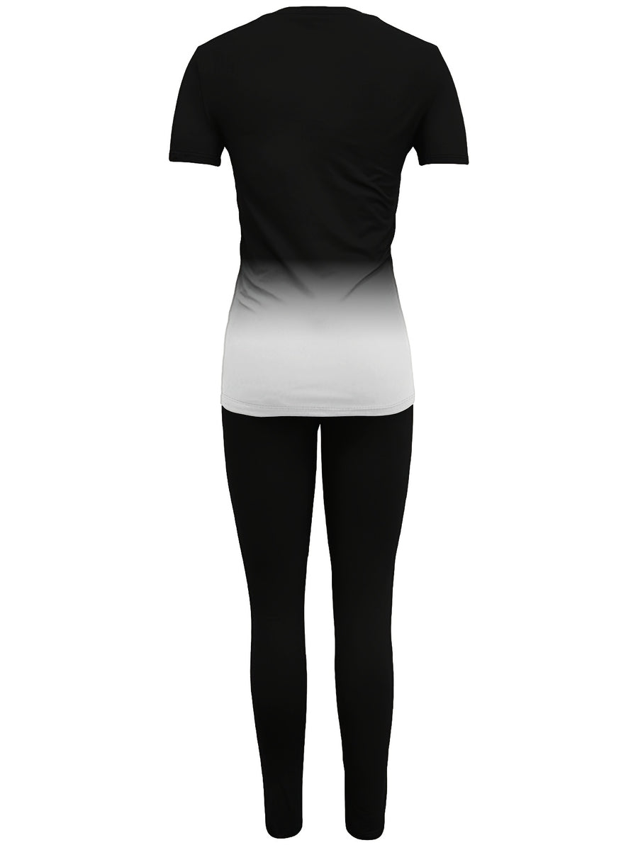 Fashionable Women'S Spring/Summer Set | Crew Neck Short Sleeve Printed Top with Long Pants | Architectural Pattern, Regular Fit - Black