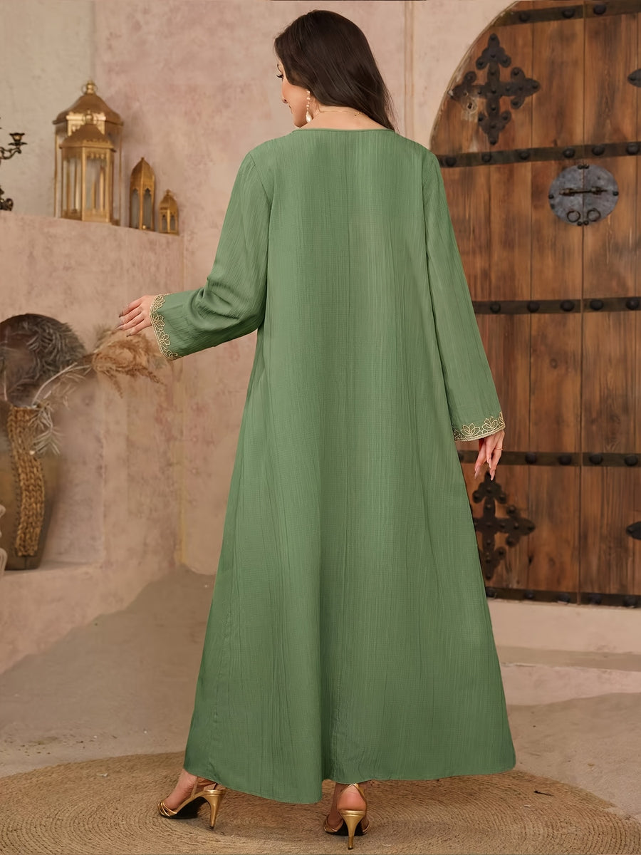 Middle Eastern V-neck Embroidered Elegant and Fashionable Over-the-knee Women's Dress, Loose Casual Style Long Sleeve Maxi Dress - Green