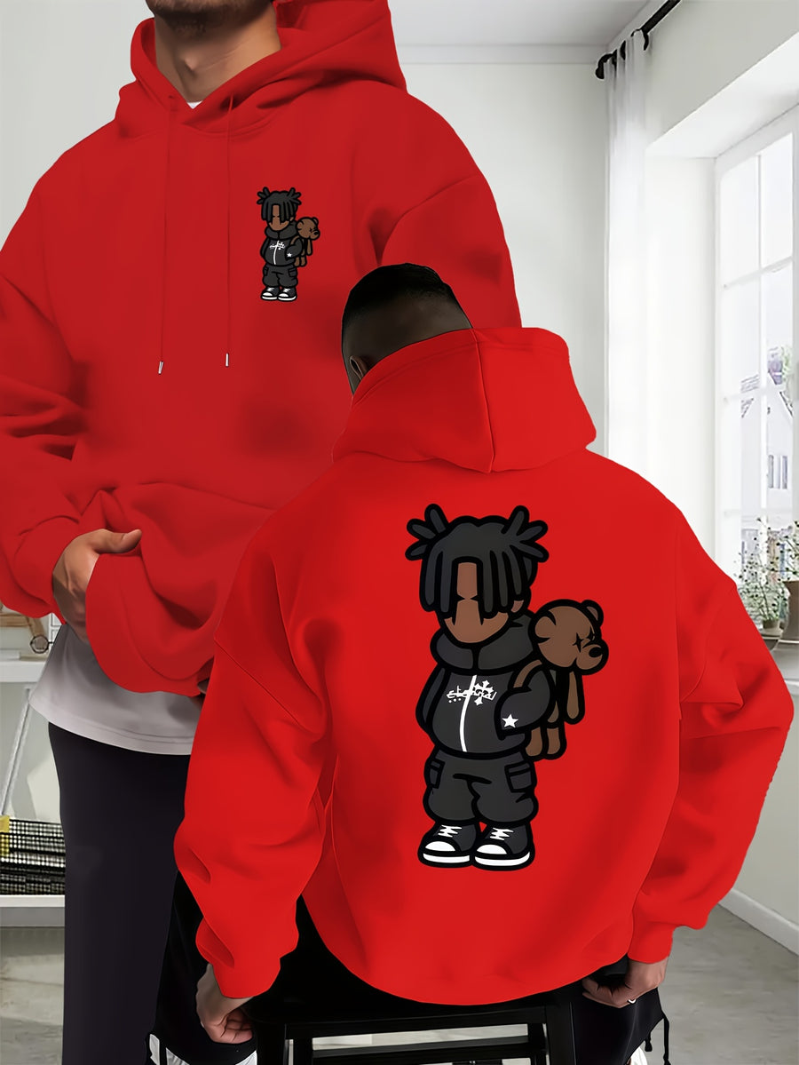 Cartoon Men's New Trendy Autumn Winter Hoodie, Casual Daily Drawstring Hooded Sweatshirt with Creative Design Print, Front Kangaroo Pocket, Unisex Top - Red
