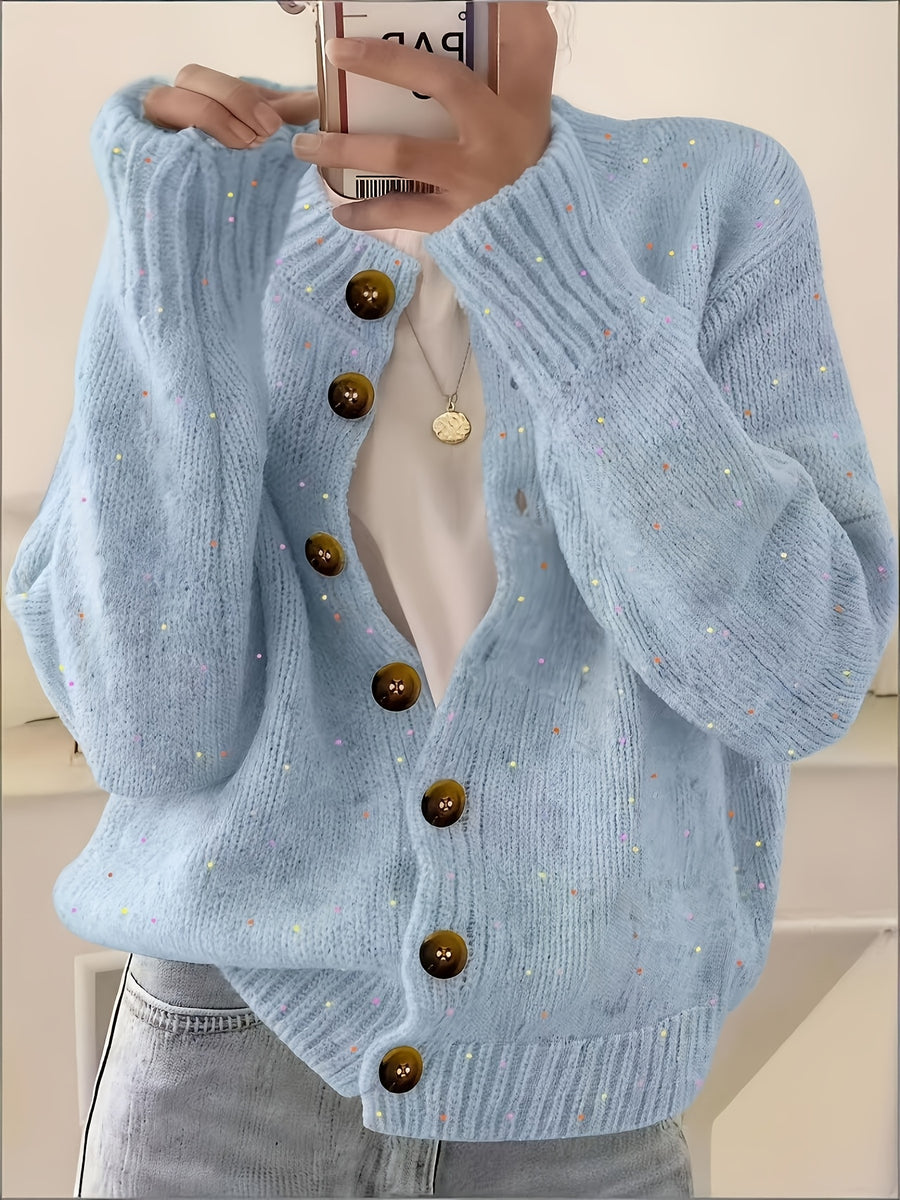 Women's Casual Colorful Button-front Cardigan with Soft Long Sleeves, Round Neck, Light-weight Fashion Candy-colored Dot Pattern, Casual and Elegant Garment | Stretch Fabric Cardigan Suitable for Casual Attire - Light Blue