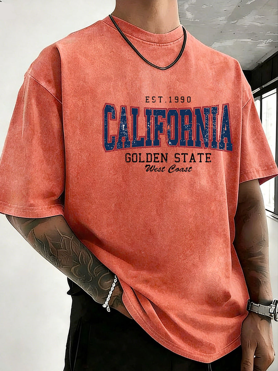 Midsummer Festival Holiday Style Unisex T-Shirt, Pure Cotton Washed Distressed, Double-Sided Print, Breathable and Sweat-Absorbent, Loose Fit for Outdoor Hiking, Sports, Trendy Casual Short Sleeve - Orange