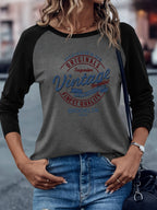 Brooklyn Vintage Pattern Design European and American Style Women's Daily Versatile Comfortable Casual Color-Blocked Crew Neck Raglan Long Sleeve T-Shirt - Dark Gray Black