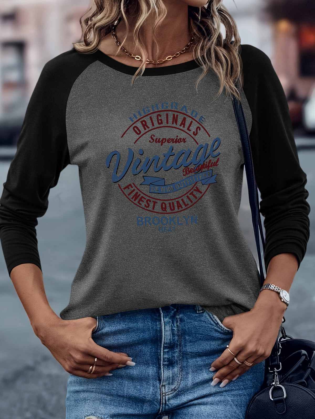Brooklyn Vintage Pattern Design European and American Style Women's Daily Versatile Comfortable Casual Color-Blocked Crew Neck Raglan Long Sleeve T-Shirt - Dark Gray Black