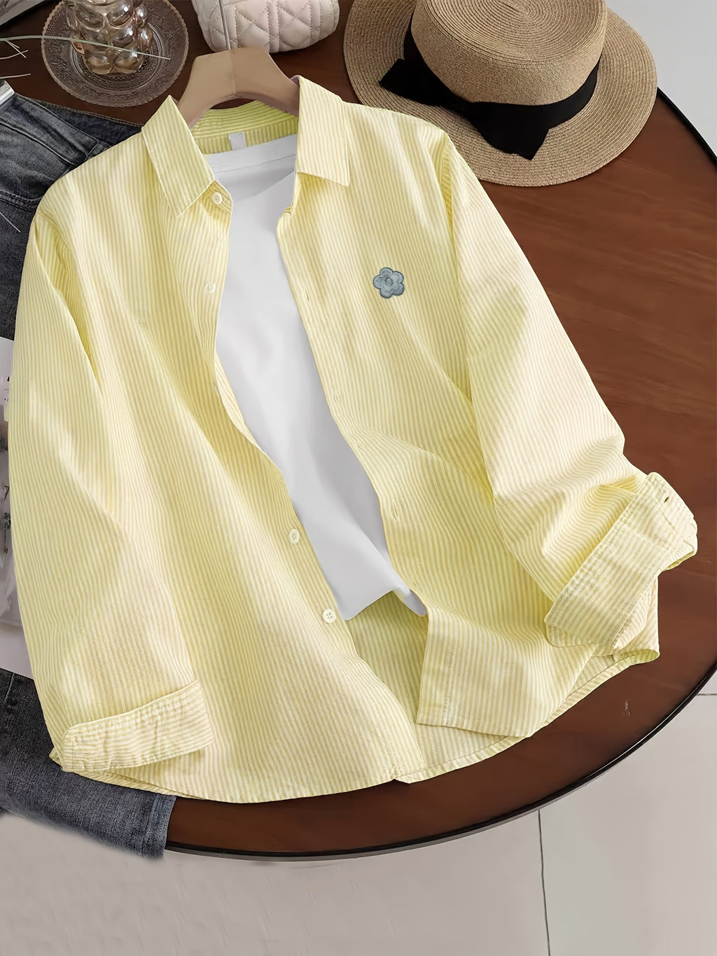 Versatile Basic Spring/Autumn Lightweight Niche Embroidered Patch Print Long Sleeve Thin Striped Loose Fit Multi-Color Casual Shirt - Yellow02