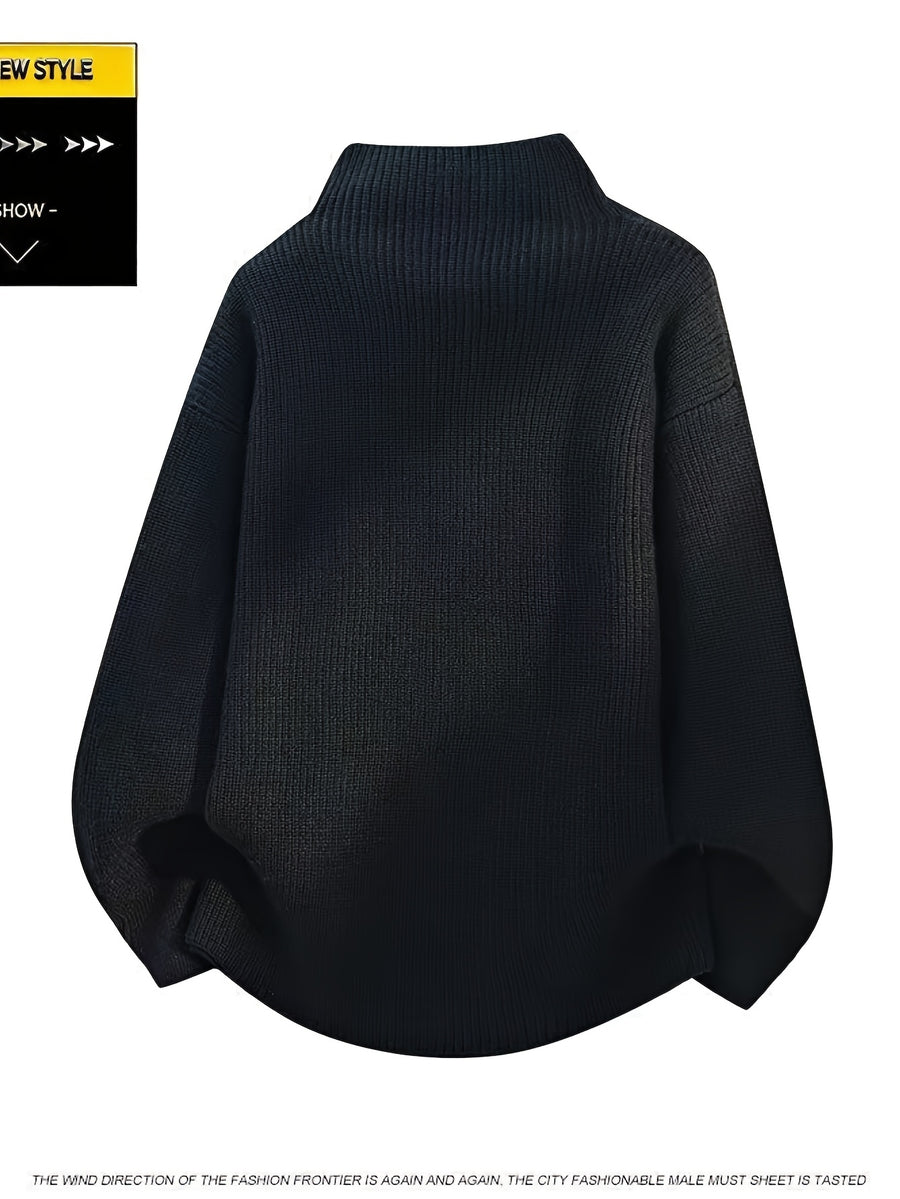 Halloween, Christmas, Thanksgiving, Pre-heat Single-pc Youth Men's Acrylic Knit Cardigan with Irregular Diagonal Zipper, Available in Red, Gray, and Black, Vintage Solid Color Stand-Up Collar Loose Fit Thickened Sweater Coat, Two Collar Style - Black