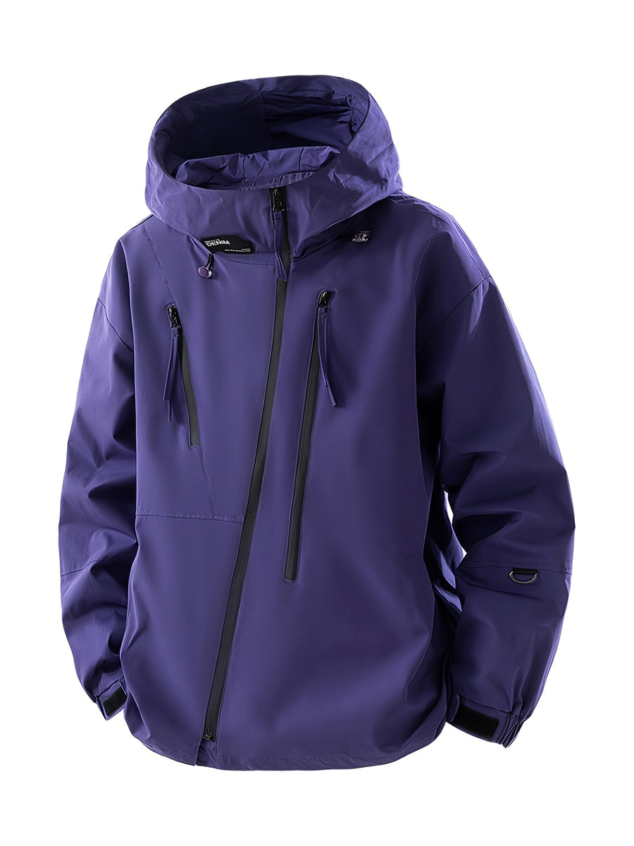[Pearson OBM] Mountain Style Men'S Jacket Hooded Windbreaker, Irregular Zipper, Collar with Personalized Label, Imported Zipper, Fashionable And Individual, Easy Pockets, Suitable for Autumn Winter Sports, Casual - Purple