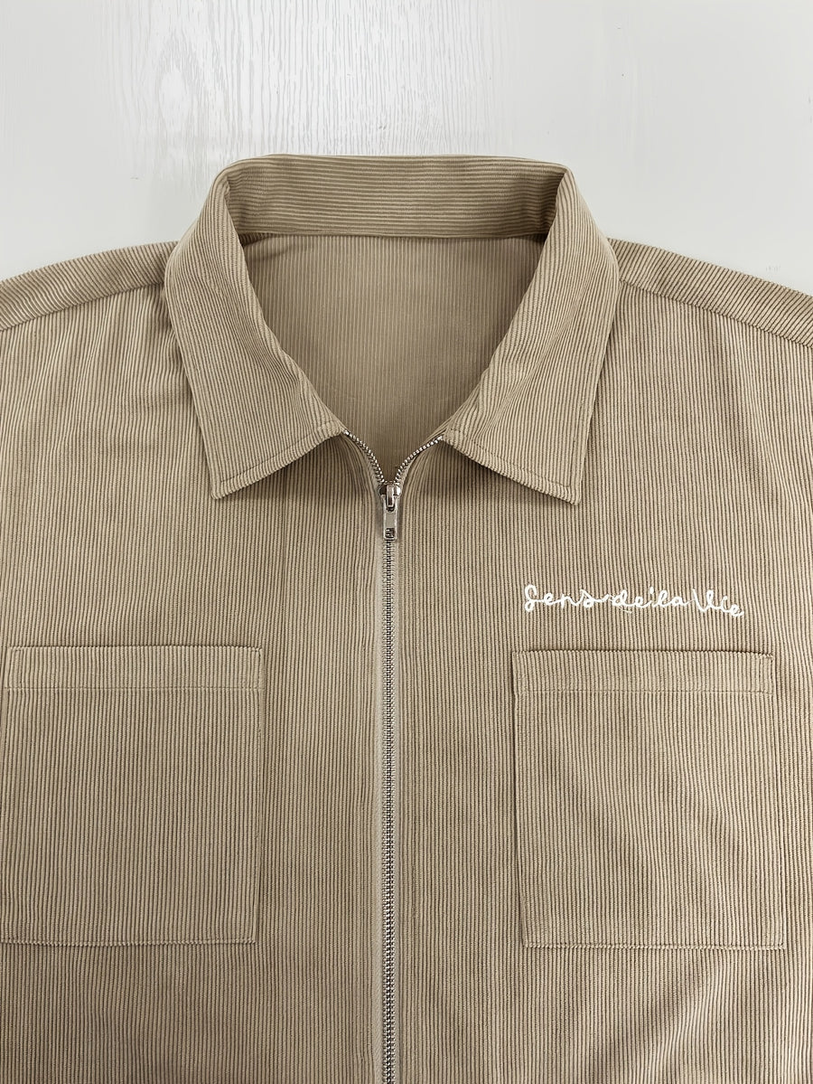 Men'S New Easy Corduroy Jacket Top! Stand-Up Collar Zipper Design Is Neat And Atmospheric. Large Pockets on Both Sides Are Practical And Durable, Chest Embroidery Enhances Texture. Loose Fit Shapes Figure, Suitable for Daily Commute And Travel - Khaki