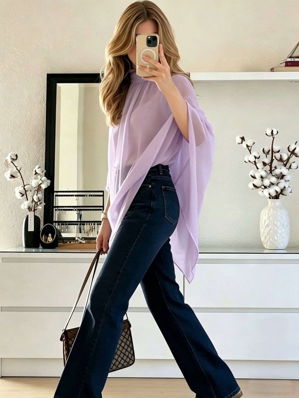 Women'S Asymmetrical Hem Chiffon Top, Casual Commute Blouse, Inner Layer Not Included - Light Purple