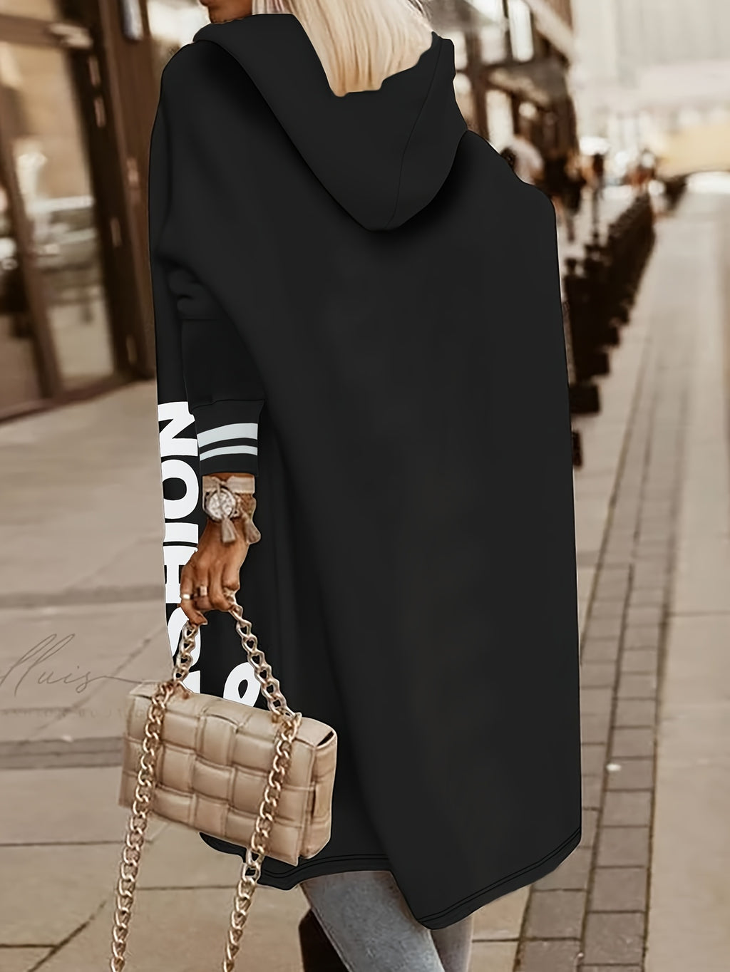 New Casual Fashion Printed Hooded Jacket, Soft -lined Mid-length Zip-up Jacket with Letter Print, Long-sleeve Outerwear for Women in Solid Colors for Autumn/winter, Comfortable Casual Attire for Women, Suitable for Indoor and Casual Outings 2A9790 - Black