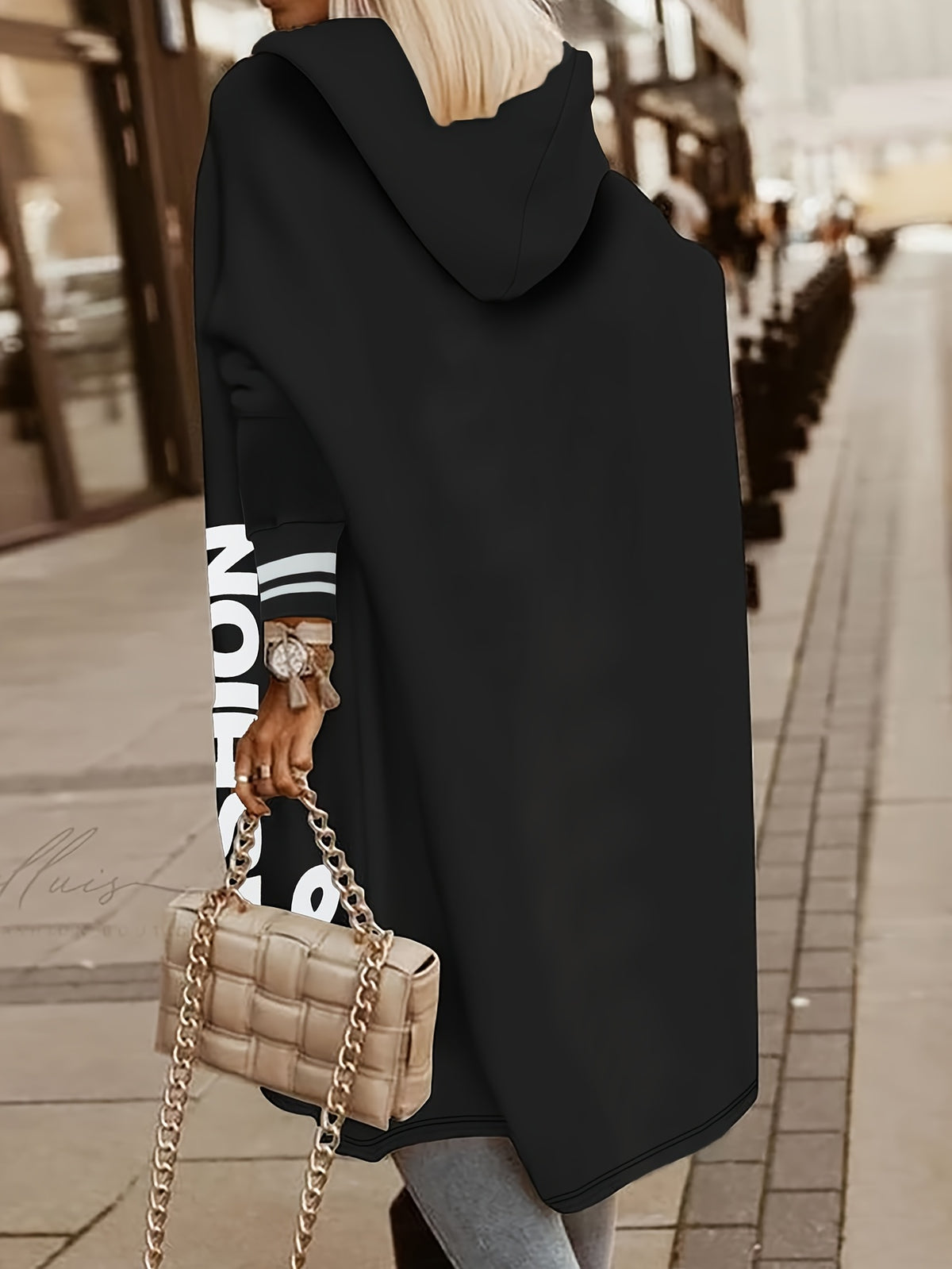New Casual Fashion Printed Hooded Jacket, Soft -lined Mid-length Zip-up Jacket with Letter Print, Long-sleeve Outerwear for Women in Solid Colors for Autumn/winter, Comfortable Casual Attire for Women, Suitable for Indoor and Casual Outings 2A9790 - Black