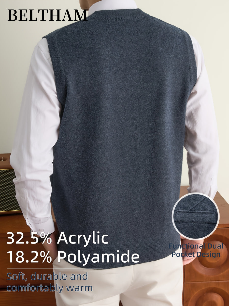 New Autumn Winter Men'S Knit Vest, Ideal Gift for Dad And Husband, with Pockets Warm Cold Resistant Soft Cozy Sweater Waistcoat, Minimalist Elegant Versatile Sleeveless Top for Daily Business Casual Camping Wear - Dark Gray